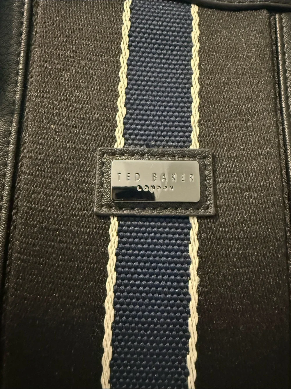 Ted Baker Black Leather Weekender Duffel Bag with Navy Stripe